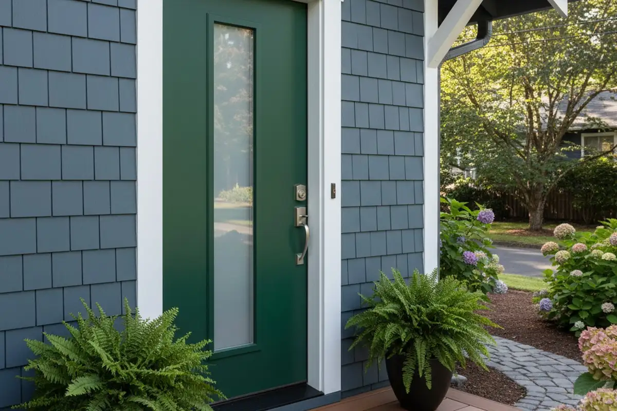 Completed vinyl siding and door installation at Portland OR home by Next Level Exteriors