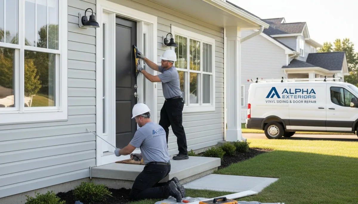 Vinyl siding contractor repairing exterior door in Portland, OR home