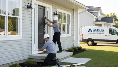 Vinyl siding contractor repairing exterior door in Portland, OR home