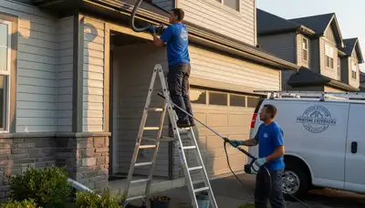 Professional gutter cleaning on Portland, OR home exterior by local vinyl siding experts