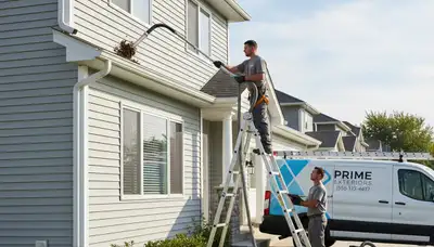 Technician performing gutter cleaning on Portland OR home exterior with vinyl siding