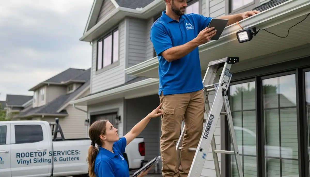 Technician performing gutter inspection on vinyl siding home in Portland, OR