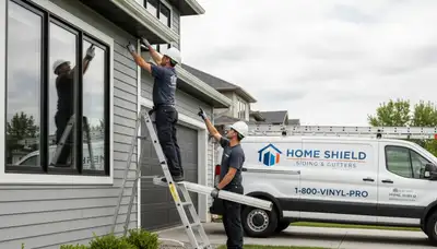 Technician repairing home gutter system in Portland OR for Next Level Exteriors vinyl siding service