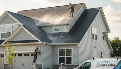 Professional roof cleaning service in Portland OR removing moss and debris for vinyl siding homes