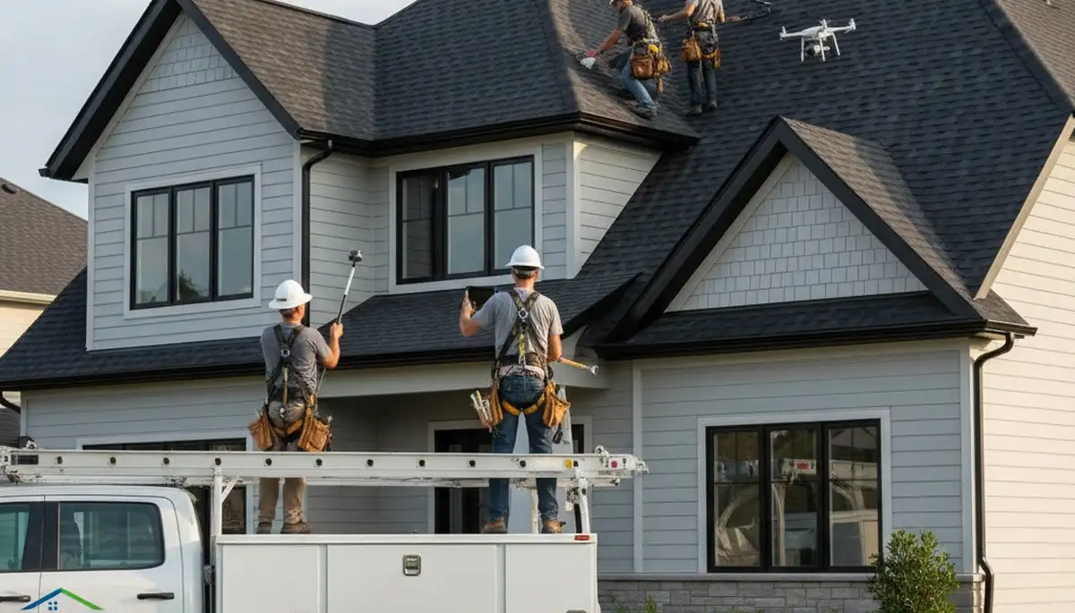 Roof inspection and vinyl siding contractors in Portland OR checking home exterior for weather damage