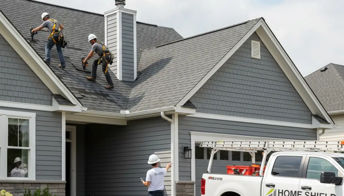 Vinyl siding and roof repair contractors working on home exterior in Portland, OR