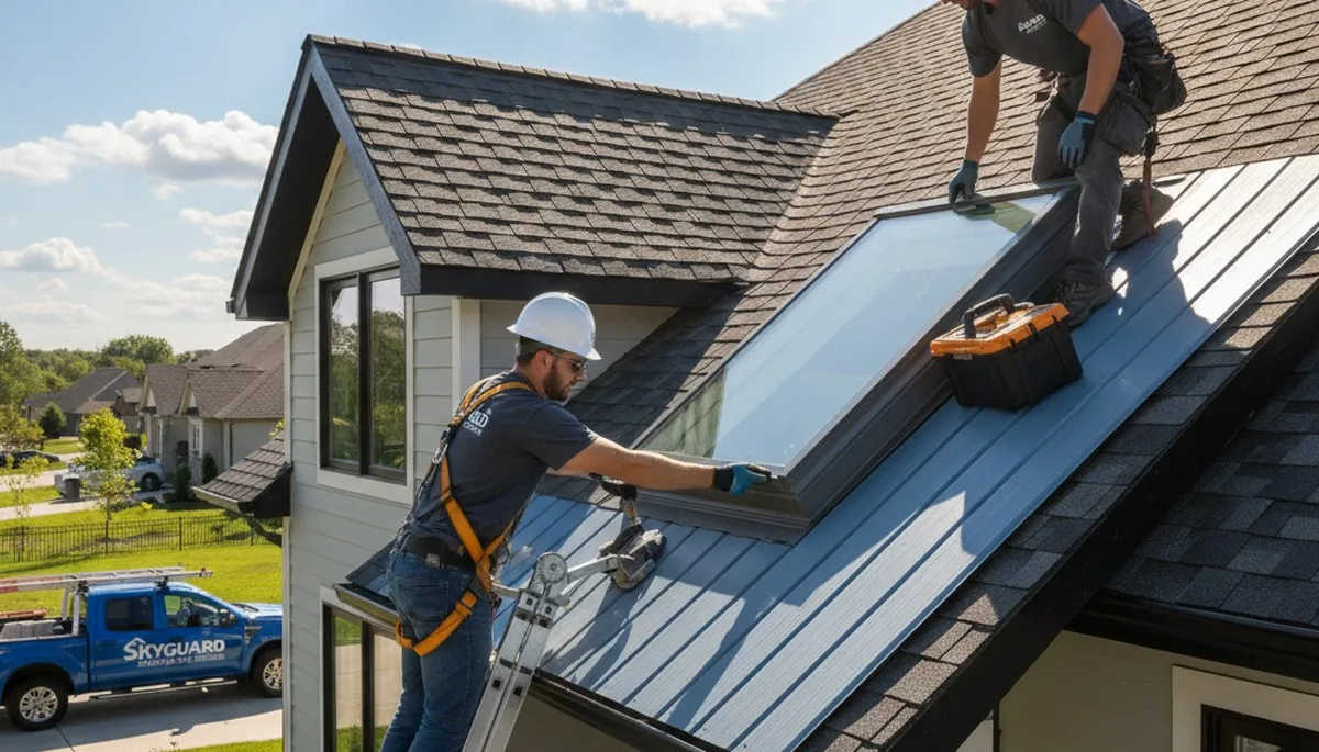 Technician repairing skylight and vinyl siding on Portland OR home exterior