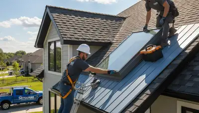 Technician repairing skylight and vinyl siding on Portland OR home exterior