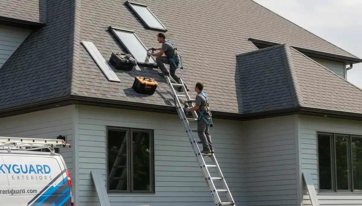 Technician repairing skylight and vinyl siding on Portland OR home exterior