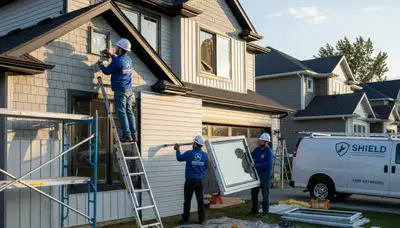 Vinyl siding repair crew working on a Portland, OR home exterior for Next Level Exteriors
