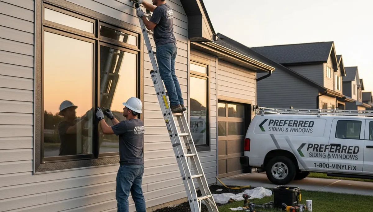 Technician repairing house window frame beside vinyl siding in Portland, OR