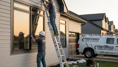 Technician repairing house window frame beside vinyl siding in Portland, OR
