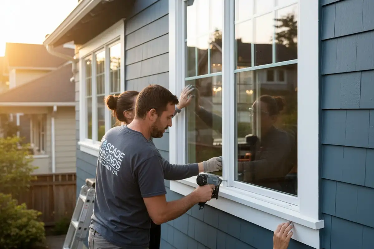 Technicians adding trim and caulking during window replacement finishing in Portland OR homes